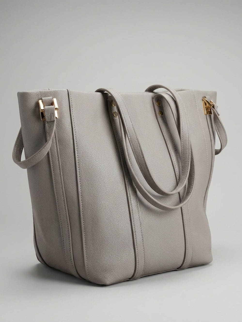 Elegant Light Grey Leather Tote with Gold‎ Accents